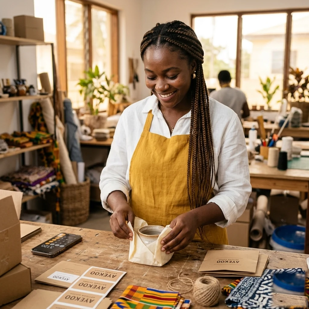 Nigerian artisan business owner packaging handmade products in her workshop, using ereQa to manage her small business
