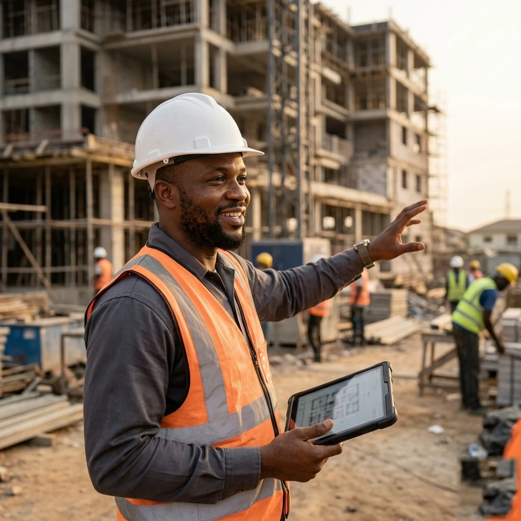 Nigerian construction contractor reviewing project plans on tablet at building site