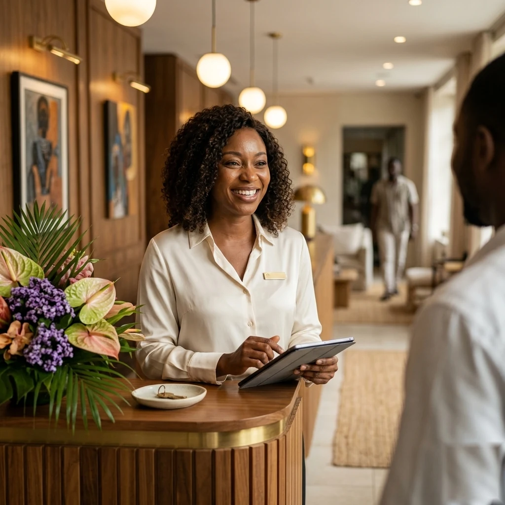 Nigerian hospitality business owner managing bookings on tablet at hotel reception