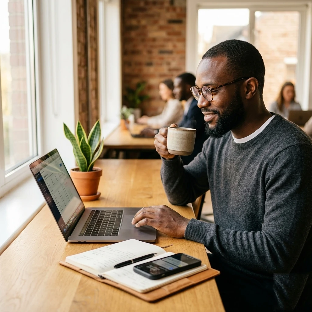 Nigerian entrepreneur reviewing financial dashboard on laptop in modern co-working space